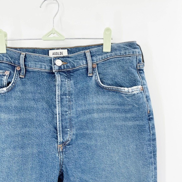 Agolde Riley Straight Crop Jeans Sz 32 Blue High Rise Button Fly Distressed - Picture 2 of 12